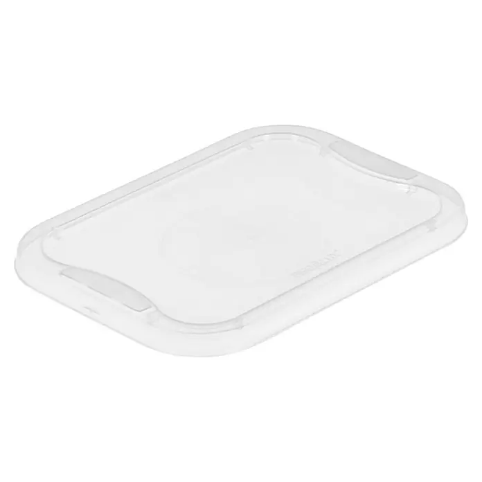Regalux Clear Box-Deckel - L x B: 25,6 x 18,1 cm, Passend für: Regalux Clear Box XXS - Nahaufnahme eines rechteckigen, transparenten und leeren Frischhaltebehälters mit abgerundeten Ecken vor schwarzem Hintergrund.