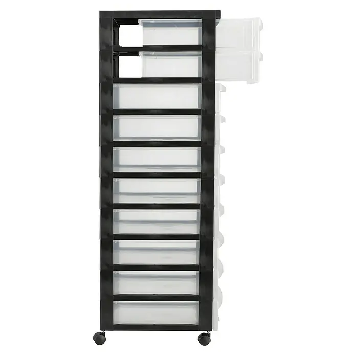 Rollcontainer - L x B x H: 40 x 29 x 106,5 cm, Anzahl Schubladen: 10 Stk., Kunststoff - Abbildung eines Schubladen Turm Rollwagen mit transparenten Schubladen und schwarzem Rahmen auf Rädern.