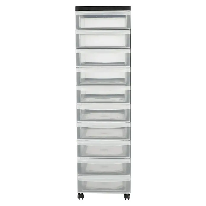Rollcontainer - L x B x H: 40 x 29 x 106,5 cm, Anzahl Schubladen: 10 Stk., Kunststoff - Ein mobiler, durchsichtiger Rollcontainer mit 10 Schubladen bietet praktischen Stauraum für Büro oder Hobby.