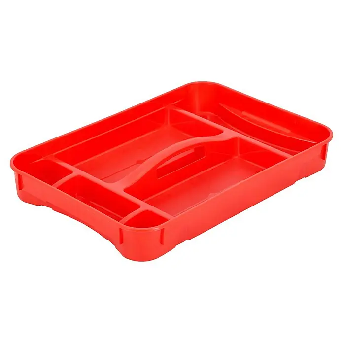 Regalux Clear Box Einsatz - Passend für: Regalux Clear Box M/XL, Anzahl Fächer: 6 Stk. - Ein roter Utensilienhalter aus Kunststoff mit Fächern und Griff für die Küchenorganisation und Aufbewahrung von Besteck.