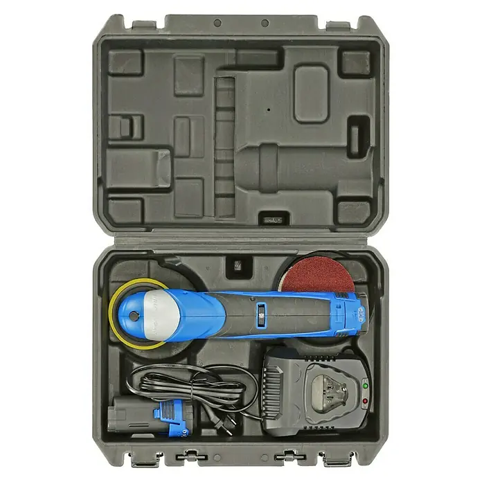 Marinetech Akku-Poliermaschinen-Set - 12 V, Li-Ionen, 1,3 Ah, Leerlaufdrehzahl: 0 U/min - 3.000 U/min - Akku-Poliermaschine im Koffer. Die Maschine ist blau und schwarz, mit Akku und Ladegerät. Das Set ist ordentlich in einem schwarzen Koffer verstaut.