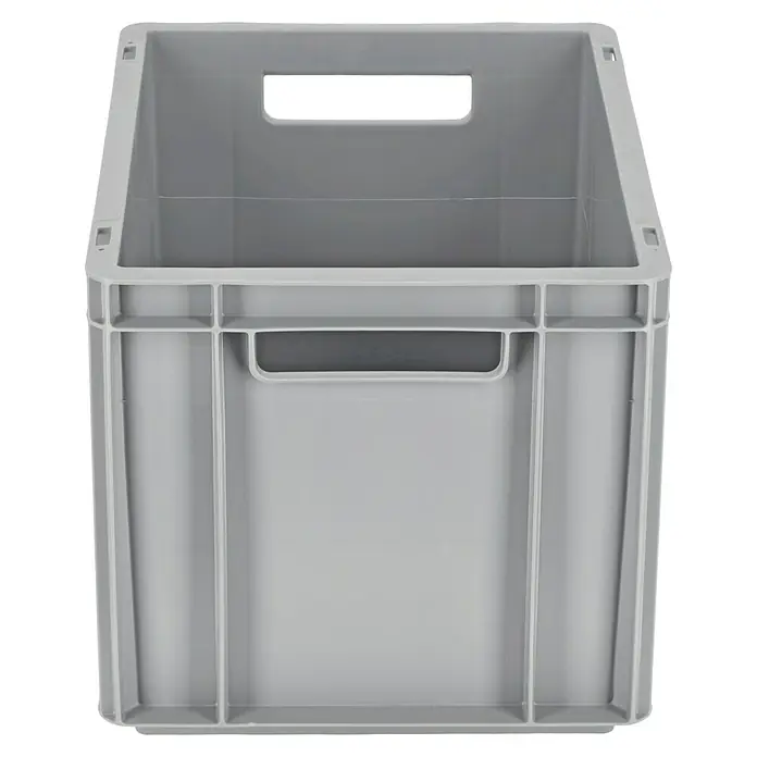 BAUHAUS Caja Euro - 25 l, L x An x Al: 40 x 30 x 27 cm, Cerrada, Gris - Imagen de una caja de plástico gris con asas en los lados y una abertura en la parte superior. La caja está vacía y tiene una superficie lisa.
