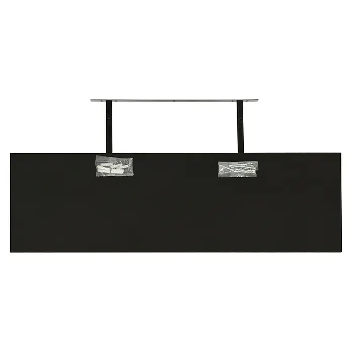 Regalux Estante flotante - L x An x Al: 23,5 x 80 x 3,8 cm, Negro, Carga soportada: 12 kg - Un estante de pared negro con dos soportes y material de montaje. El estante es plano y rectangular.