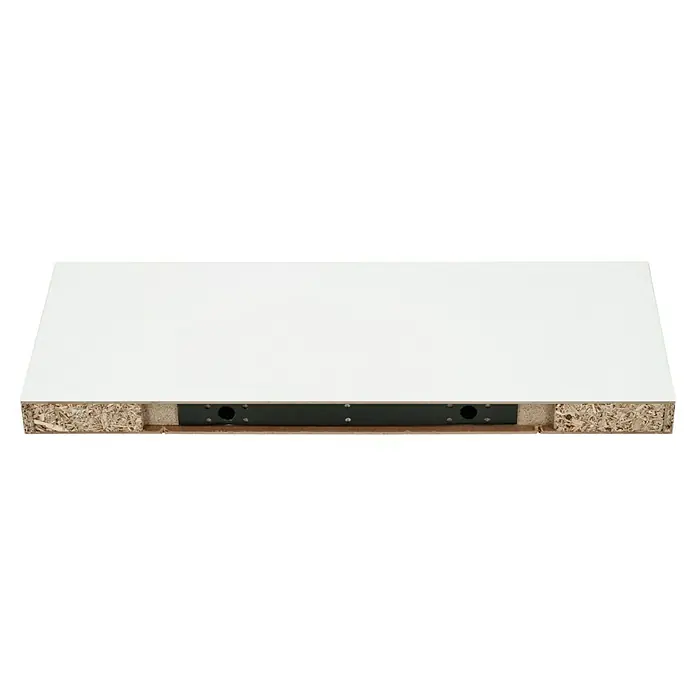 Regalux Estante flotante - L x An x Al: 23,5 x 60 x 3,8 cm, Blanco, Carga soportada: 12 kg - Primer plano de una tapa de mesa blanca con soporte metálico negro, uniendo estabilidad y funcionalidad.