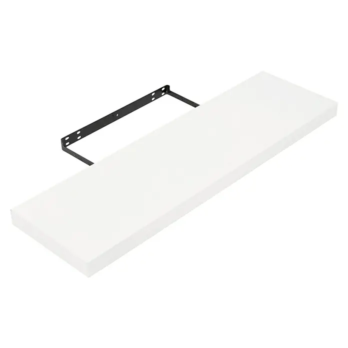 Regalux Estante flotante - L x An x Al: 23,5 x 80 x 3,8 cm, Blanco, Carga soportada: 12 kg - Primer plano de un estante flotante blanco con un soporte negro sobre un fondo oscuro. El estante se ve robusto y moderno.