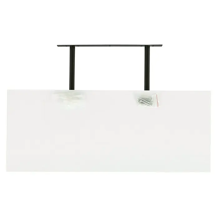 Regalux Estante flotante - L x An x Al: 23,5 x 60 x 3,8 cm, Blanco, Carga soportada: 12 kg - Un tablero de mesa blanco con dos patas de mesa negras y una bolsa de tornillos. Ideal para oficinas modernas y espacios de trabajo elegantes.