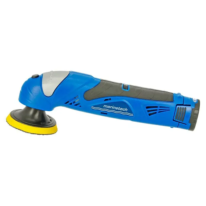 Marinetech Akku-Poliermaschinen-Set - 12 V, Li-Ionen, 1,3 Ah, Leerlaufdrehzahl: 0 U/min - 3.000 U/min - Akkubetriebener MarineTech Polierer in Blau und Grau mit gelbem Polierpad. Das Gerät ist ideal für die Bootspflege und andere Polierarbeiten.