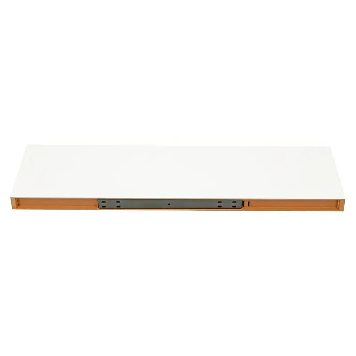 Regalux Estante flotante - L x An x Al: 23,5 x 80 x 3,8 cm, Blanco, Carga soportada: 12 kg - Primer plano de un componente de cajón blanco con marco marrón y corredera de cajón negra para muebles.