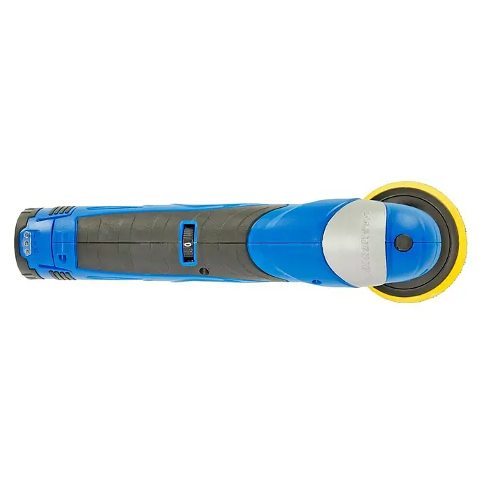 Marinetech Akku-Poliermaschinen-Set - 12 V, Li-Ionen, 1,3 Ah, Leerlaufdrehzahl: 0 U/min - 3.000 U/min - Aufsicht auf einen blau-grauen VariCore 10 Akku-Poliermaschine mit gelbem Polierpad. Zum Polieren von Autos und anderen Oberflächen.