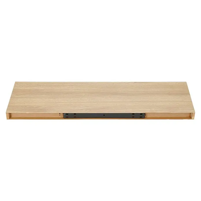 Regalux Estante flotante - L x An x Al: 23,5 x 80 x 3,8 cm, Roble, Carga soportada: 12 kg - Una estantería de madera clara con un soporte metálico negro debajo, proporciona espacio de almacenamiento extra.