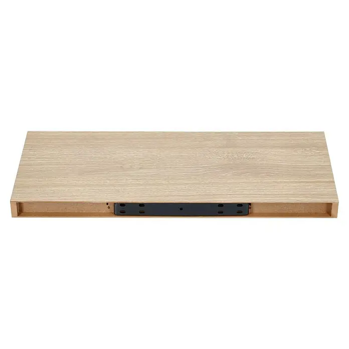 Regalux Estante flotante - L x An x Al: 23,5 x 60 x 3,8 cm, Roble, Carga soportada: 12 kg - Primer plano de un estante con acabado de madera marrón claro y un soporte de metal negro en la parte inferior.