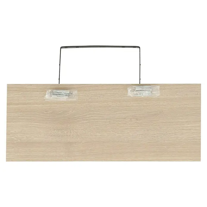 Regalux Estante flotante - L x An x Al: 23,5 x 60 x 3,8 cm, Roble, Carga soportada: 12 kg - Primer plano de un tablero de madera clara con dos kits de montaje en envoltorio de plástico y un marco de metal negro encima.