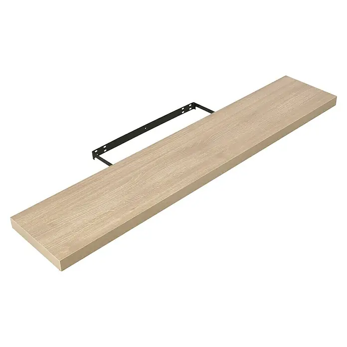 Regalux Estante flotante - L x An x Al: 23,5 x 118 x 3,8 cm, Roble, Carga soportada: 12 kg - La imagen muestra una estantería flotante de madera clara con un soporte negro sobre un fondo negro. Es una solución de almacenamiento decorativa.