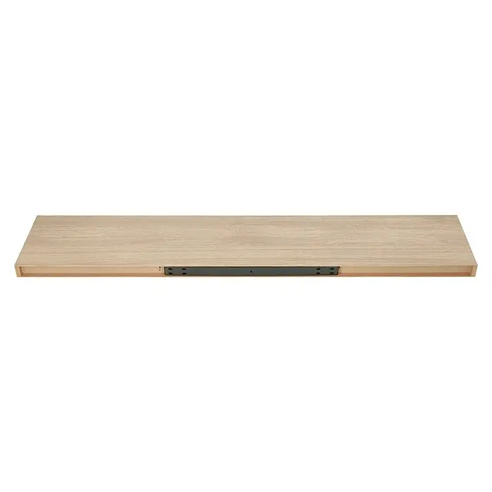 Regalux Estante flotante - L x An x Al: 23,5 x 118 x 3,8 cm, Roble, Carga soportada: 12 kg - Primer plano de un cajón de madera clara con soporte metálico oscuro, destacando la estabilidad y funcionalidad del cajón.