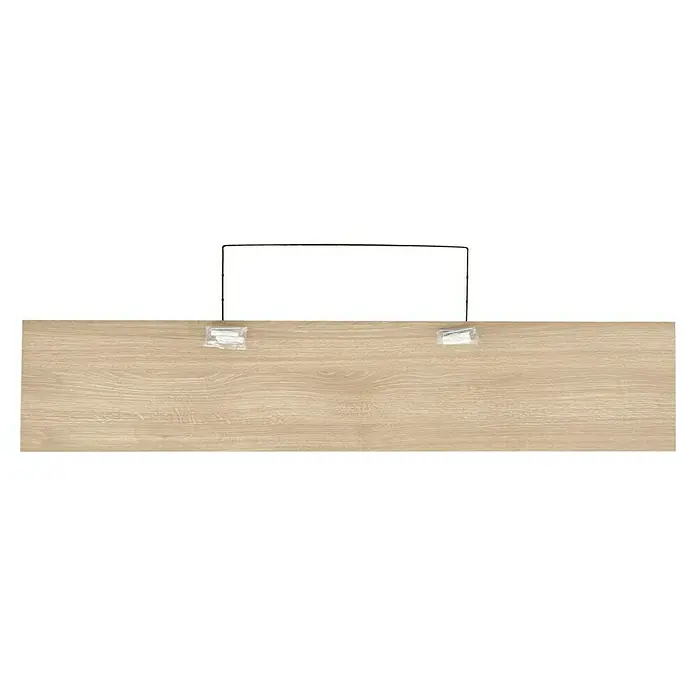 Regalux Estante flotante - L x An x Al: 23,5 x 118 x 3,8 cm, Roble, Carga soportada: 12 kg - Esta imagen muestra una estantería de madera con un soporte metálico negro y herrajes, lista para montaje en pared, ofreciendo un almacenamiento elegante.