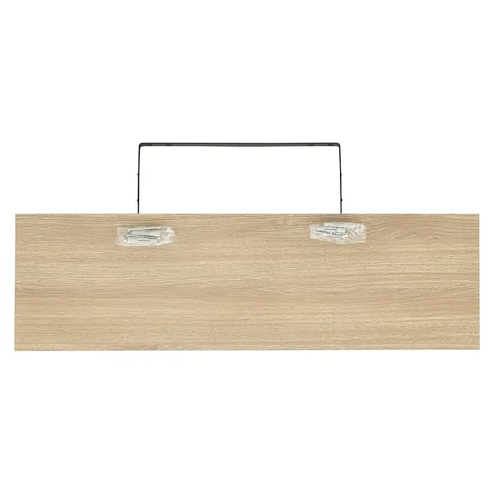 Regalux Estante flotante - L x An x Al: 23,5 x 80 x 3,8 cm, Roble, Carga soportada: 12 kg - Vista superior de un estante de madera clara con soportes de montaje y tornillos en envoltorio de plástico para instalación en pared.