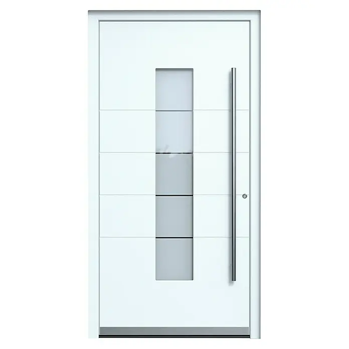 Portofino Haustür 706PF - 110 x 210 cm, DIN Anschlag: Rechts, Verkehrsweiß matt - Eine moderne, weiße Haustür mit vertikalen Glaseinsätzen und einem langen, schlanken Türgriff. Stilvolles Design für jeden Hauseingang.