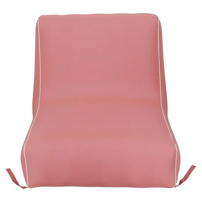 Sitzsack Aufblasbar - 70 x 90 x 70 cm, Pink, 100 % Polyester - Nahaufnahme eines rosafarbenen Liegestuhlkissens mit weißem Rand, das eine gemütliche und stilvolle Option für den Außenbereich bietet.
