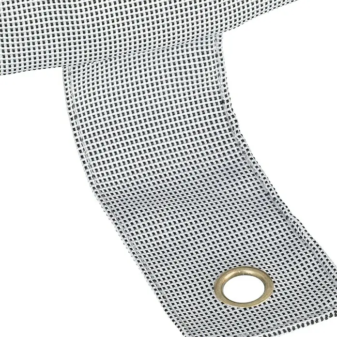 Sitzsack Aufblasbar - 70 x 90 x 70 cm, Hellgrau, 100 % Polyester - Detailaufnahme eines weißen Netzgewebes mit einem goldenen Ösenverschluss, ideal für verschiedene Anwendungen.