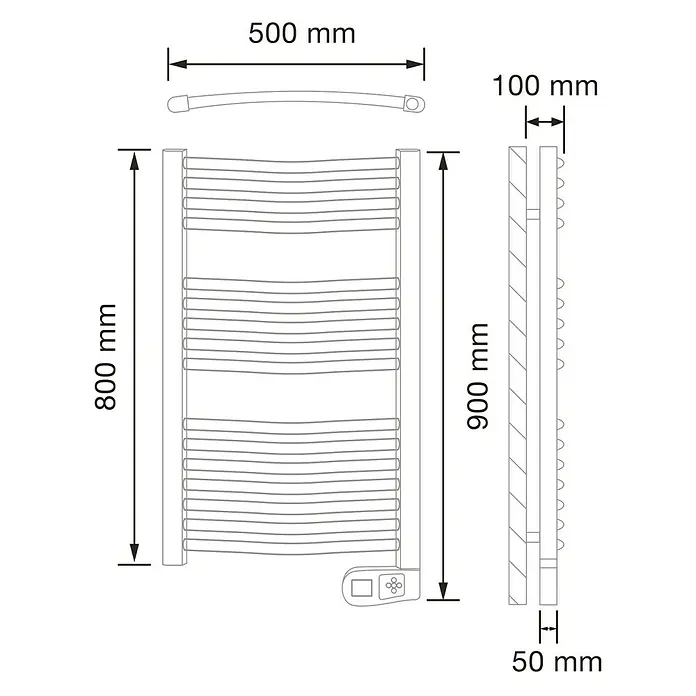 Rointe Radiador toallero eléctrico Sygma - An x Al: 50 x 90 cm, 300 W, Cromo - Dibujo técnico de un calentador de toallas con dimensiones 800x500x100 mm y una vista lateral con profundidad de 50 mm y altura de 900 mm.