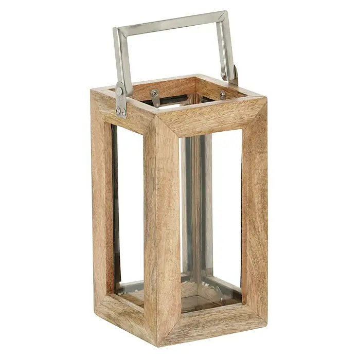 Laterne Moon - L x B x H: 12 cm x 12 cm x 22 mm, Natur - Eine detailreiche Aufnahme einer dekorativen Holzlaterne mit Metallgriff, die eine warme und gemütliche Atmosphäre verspricht.