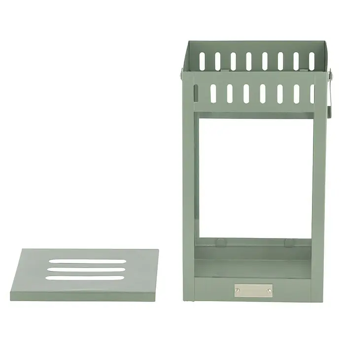 Laterne Living - L x B x H: 15 x 15 x 25 cm, Grün - Abgebildet ist ein mintgrüner, zerlegter Feuerkorb mit Luftschlitzen, der eine einfache und effiziente Nutzung im Freien ermöglicht.