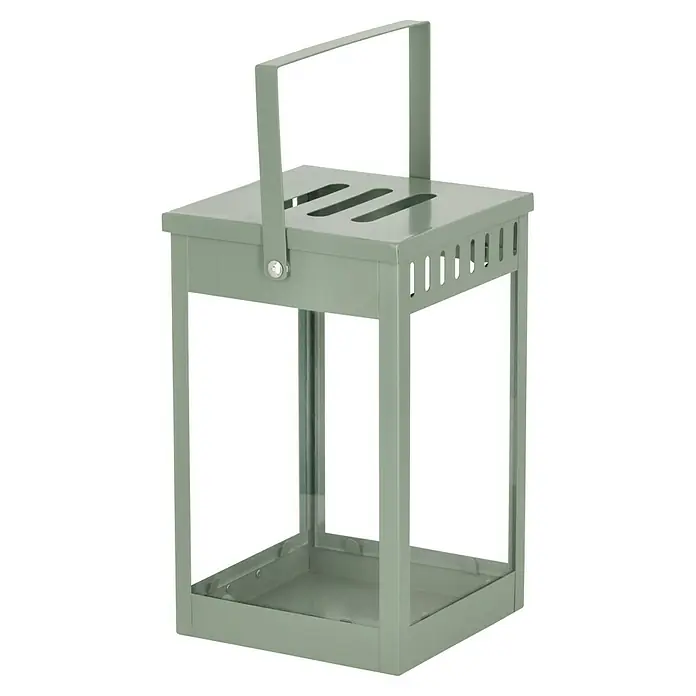 Laterne Living - L x B x H: 15 x 15 x 25 cm, Grün - Ein grüner Metall-Laternenständer mit Tragegriff, ideal für stimmungsvolle Beleuchtung im Innen- und Außenbereich. Praktisch & dekorativ.