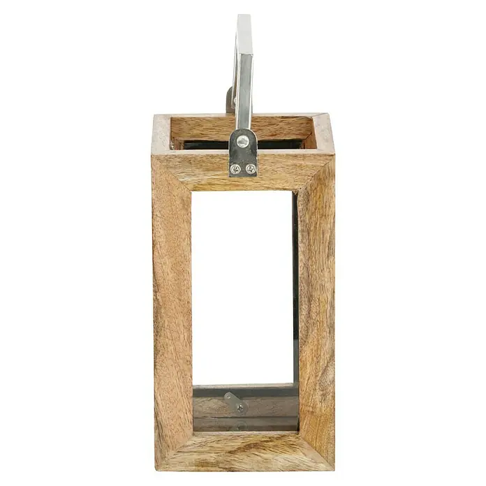 Laterne Moon - L x B x H: 12 cm x 12 cm x 22 mm, Natur - Ein hochformatiges Windlicht aus hellem Holz mit einem Metallgriff oben. Das Design ist schlicht und modern gehalten.