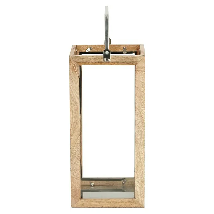 Laterne Moon - L x B x H: 17 mm x 17 cm x 42 cm, Natur - Nahaufnahme einer dekorativen Holzlaterne mit einem eleganten Metallgriff und einem transparenten Glaseinsatz.