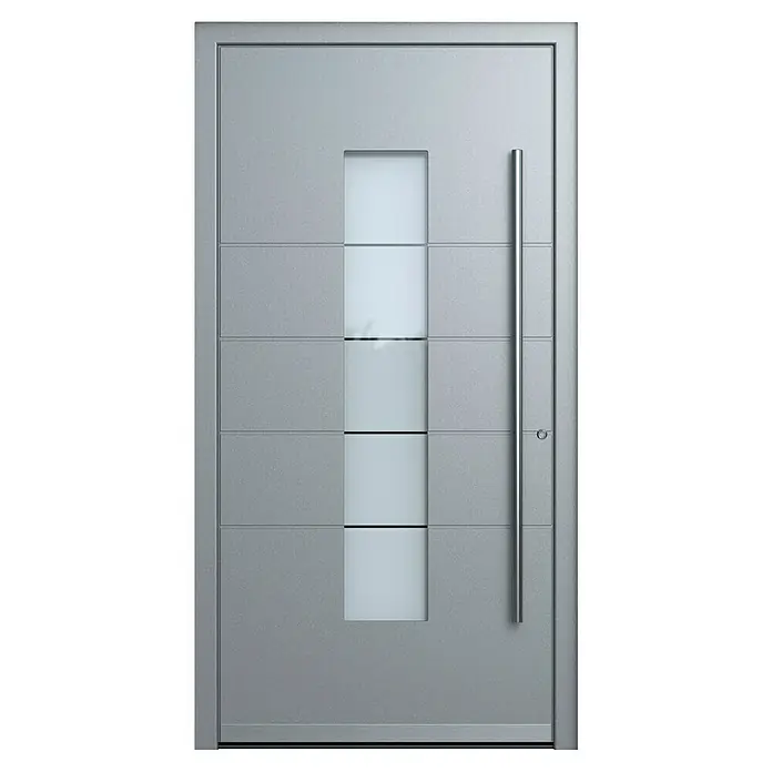 Portofino Haustür 706PF - 110 x 210 cm, DIN Anschlag: Rechts, Eisenglimmer/Verkehrsweiß matt - Moderne Haustür in Silber mit vertikalen Glaseinsätzen und einem eleganten, langen Türgriff. Stilvolles Design für einen einladenden Eingangsbereich.