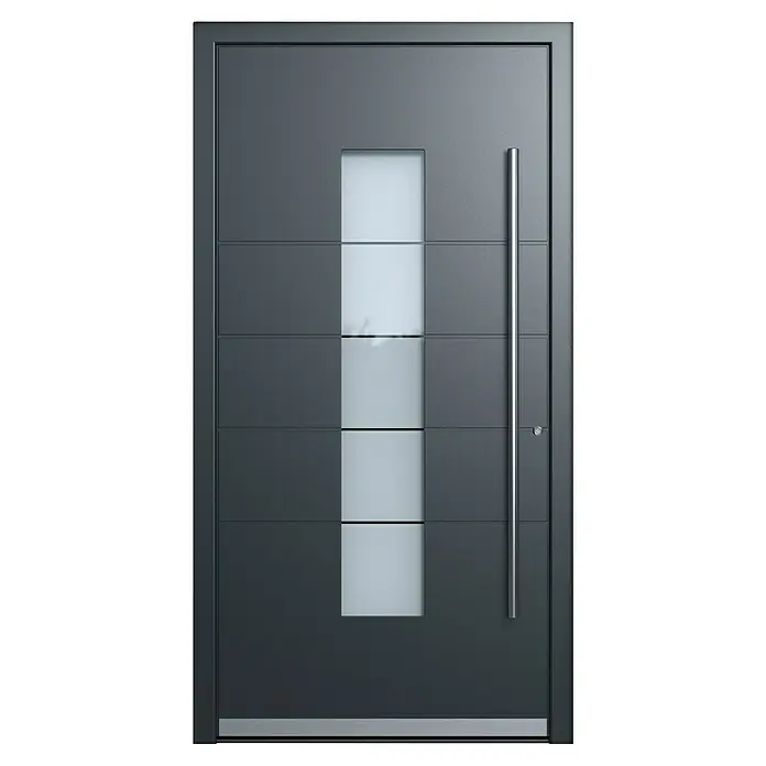 Portofino Haustür 706PF - 110 x 210 cm, DIN Anschlag: Rechts, Anthrazitgrau Feinstruktur/Verkehrsweiß matt - Moderne Haustür in Anthrazitgrau mit vertikalem Glaseinsatz und Edelstahlgriff. Stilvolle und sichere Eingangstür für jedes Haus.