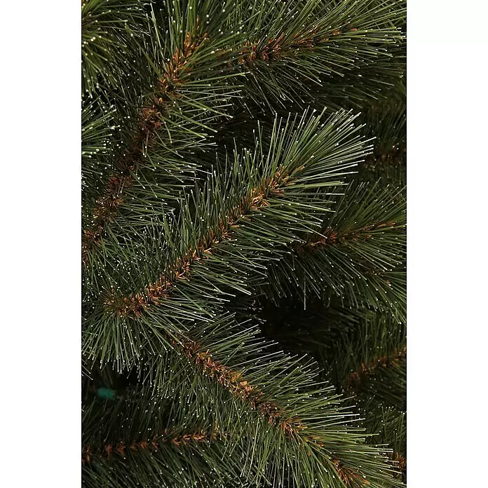 Künstlicher Weihnachtsbaum Bristlecone - Höhe: 155 cm, Grün - Nahaufnahme von künstlichen dunkelgrünen Tannenzweigen mit Raureifspitzen und braunen Akzenten, ideal für Weihnachtsdekoration.