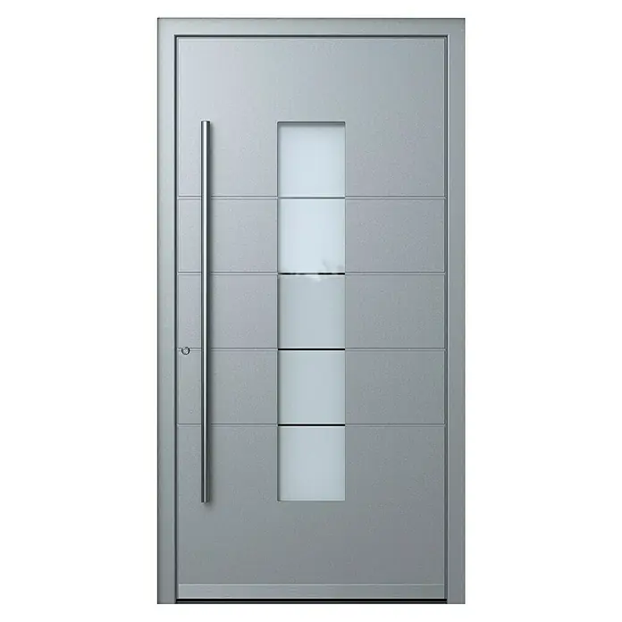 Portofino Haustür 706PF - 110 x 210 cm, DIN Anschlag: Links, Eisenglimmer/Verkehrsweiß matt - Moderne Haustür in Silber mit vertikalem Fenster und langem Griff. Elegantes Design für einen stilvollen Eingangsbereich.