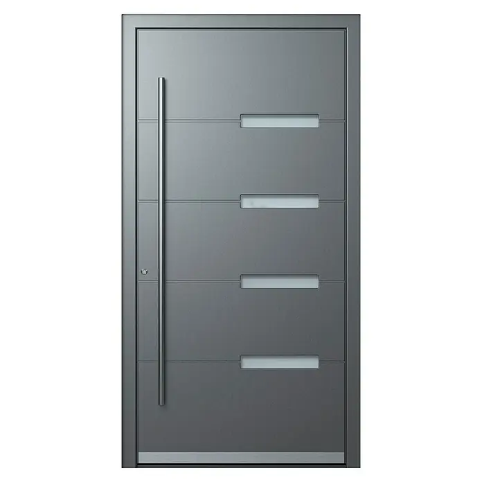 Portofino Haustür 704PF - 110 x 210 cm, DIN Anschlag: Links, Anthrazit Metallic/Verkehrsweiß matt - Eine moderne Haustür in Anthrazit mit vier horizontalen Glaseinsätzen und einem langen, schlanken Türgriff aus Edelstahl.