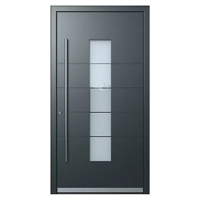 Portofino Haustür 706PF - 110 x 210 cm, DIN Anschlag: Links, Anthrazitgrau Feinstruktur/Verkehrsweiß matt - Graue Haustür mit senkrechtem Griff und rechteckigem Glaseinsatz in der Mitte. Modernes Design für einen stilvollen Eingangsbereich.