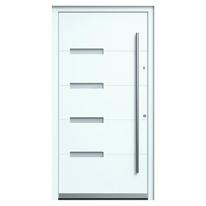 Portofino Haustür 704PF mit Fingerprint - 110 x 210 cm, DIN Anschlag: Rechts, Verkehrsweiß matt - Elegante, moderne Eingangstür in Weiß mit horizontalen Designelementen und einem schlanken, vertikalen Griff. Perfekt für ein stilvolles Zuhause.