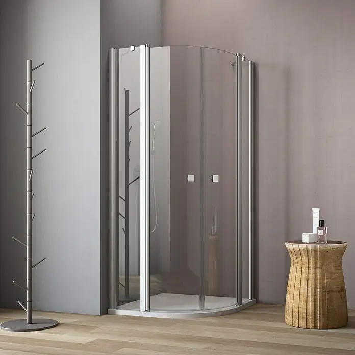 GEO Hit Runddusche B-R200 - Links x Rechts x Höhe: 100 x 80 x 202,2 cm, Unbeschichtet, Silber - Elegante Duschkabine mit klarem Glas und Chromrahmen. Perfekt für moderne Badezimmer.