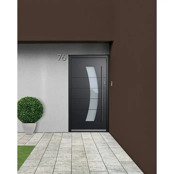 Portofino Haustür 707PF mit Fingerprint - 110 x 210 cm, DIN Anschlag: Rechts, Anthrazitgrau Feinstruktur/Verkehrsweiß matt - Modernes Haustürdesign mit Glaseinsatz und Hausnummer 76.