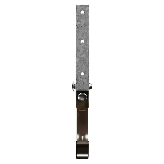 Marley Rinneneisen mit Drehgelenk - Nennweite: 100 mm, Stahl, Braun - Nahaufnahme eines Metallprodukts mit einem marmorierten oberen Teil, einem braunen unteren Teil und sichtbaren Schrauben.