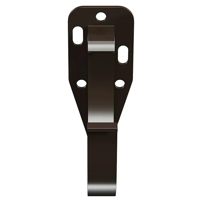 Marley Dachrinnenhalter - Nennweite: 100 mm, Kunststoff, Braun - Nahaufnahme eines schwarzen Metall-Kleiderbügels mit mehreren Löchern zur Befestigung, ideal für die Aufbewahrung von Kleidung.