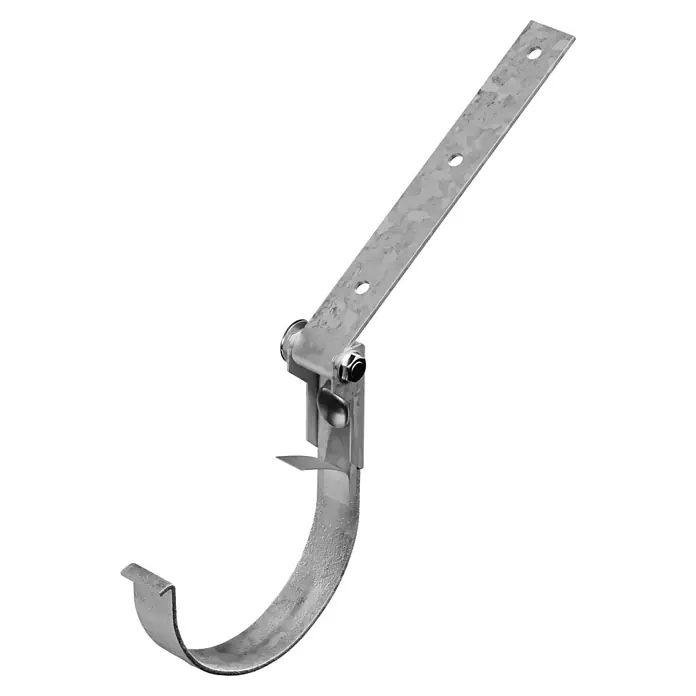 Marley Rinneneisen mit Drehgelenk - Nennweite: 100 mm, Stahl, Grau - Nahaufnahme einer Dachrinnenhalterung aus Metall mit verstellbarer Befestigung und Löchern für die Installation.