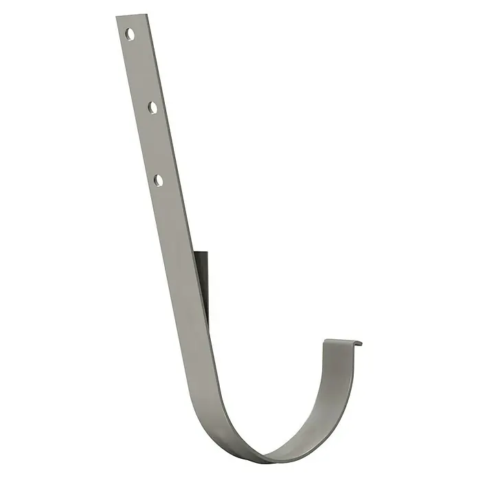 Marley Rinneneisen - Nennweite: 100 mm, Stahl, Grau - Nahaufnahme einer Dachrinnenhalterung aus Metall mit Befestigungslöchern und einer abgerundeten Form zur Aufnahme der Dachrinne.