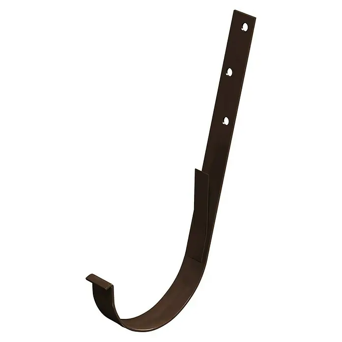 Marley Rinneneisen - Nennweite: 125 mm, Stahl, Braun - Nahaufnahme eines braunen Dachrinnenhalters mit Befestigungslöchern.