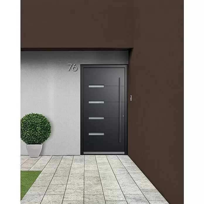 Portofino Haustür 704PF - 110 x 210 cm, DIN Anschlag: Rechts, Anthrazitgrau Feinstruktur/Verkehrsweiß matt - Stimmungsaufnahme