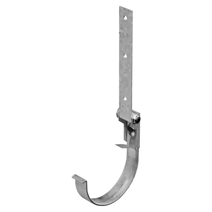 Marley Rinneneisen mit Drehgelenk - Nennweite: 100 mm, Stahl, Grau - Nahaufnahme eines verzinkten Dachrinnenhakens mit Befestigungslasche und J-Haken-Design. Ideal für Dachrinnenbefestigungen.
