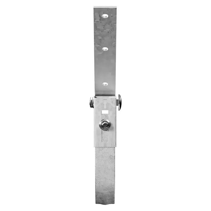 Marley Rinneneisen mit Drehgelenk - Nennweite: 100 mm, Stahl, Grau - Nahaufnahme einer Metallschiene mit Schrauben und Löchern, die Details und die Struktur des Materials hervorhebt.