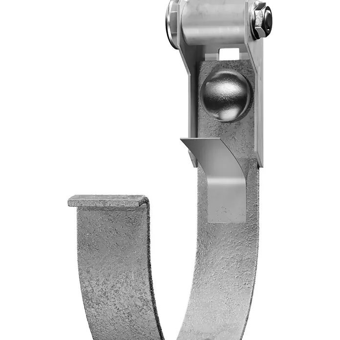 FunkeGruppe Rinneneisen mit Drehgelenk - Nennweite: 125 mm, Stahl, Grau - Nahaufnahme eines grauen Metall-J-Haken-Hardware-Produkts auf schwarzem Hintergrund.