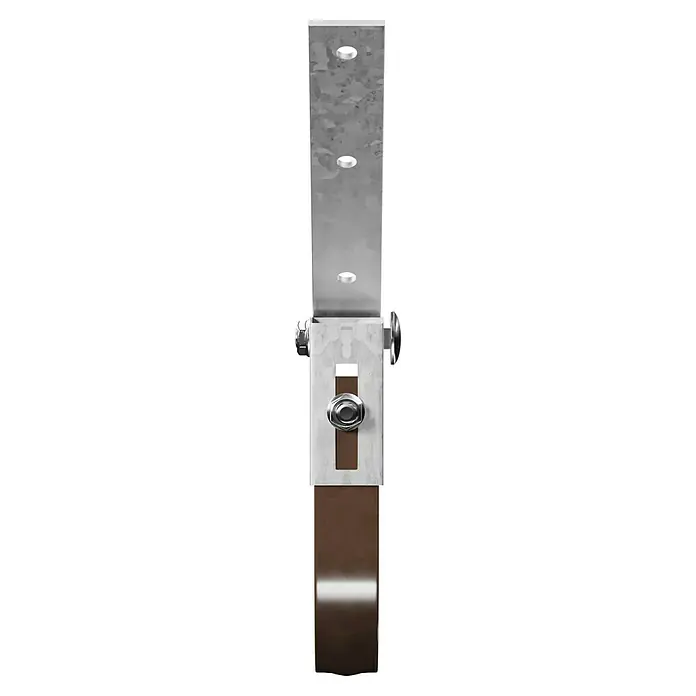 Marley Rinneneisen mit Drehgelenk - Nennweite: 100 mm, Stahl, Braun - Nahaufnahme eines silbernen Metallschuhspanners mit einem braunen Holzteil.