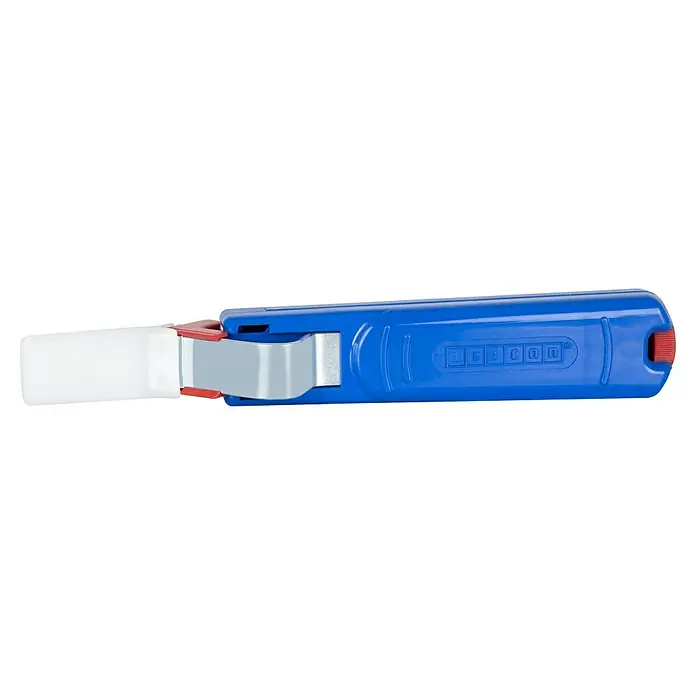 Weicon Kabelmesser No. C 4 - 28 - Länge: 180 mm, Blau/Rot - Nahaufnahme eines blauen Welcon Klebebandabrollers mit rotem Akzent, der ein weißes Band aufnimmt und eine effiziente Anwendung ermöglicht.