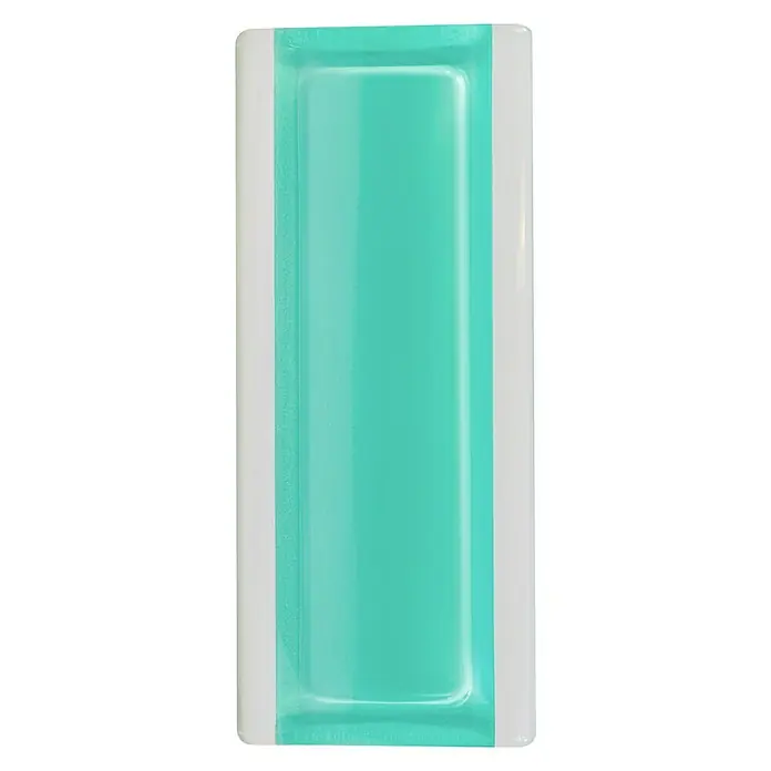 Fuchs Design Perfil de bloques de vidrio - Turquesa, 18 x 8 cm, Vidrio - Primer plano de una jabonera rectangular de color verde claro con bordes blancos, que combina funcionalidad con un diseño moderno.